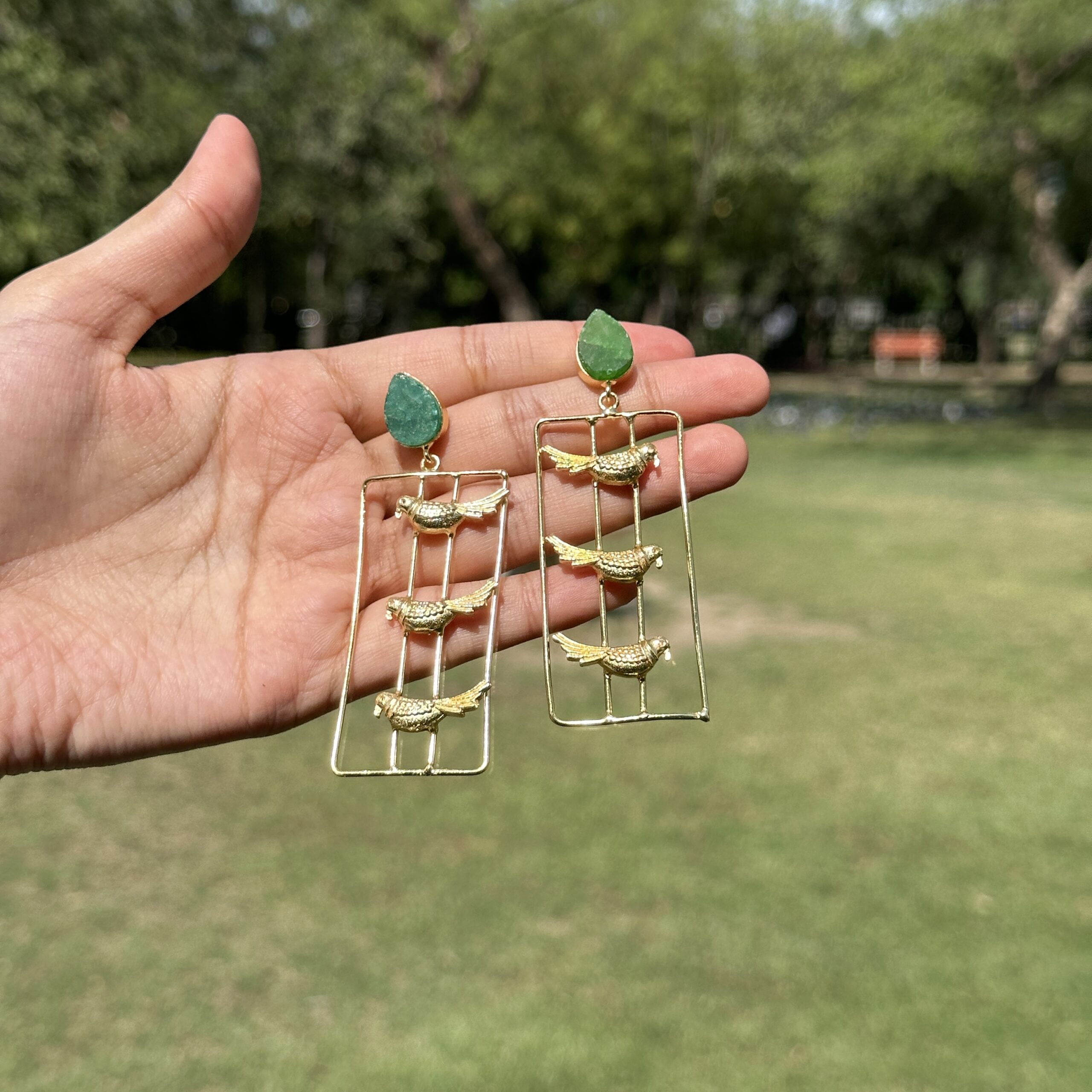 IMG_8464 Green Bird Frame Earrings - Image 1